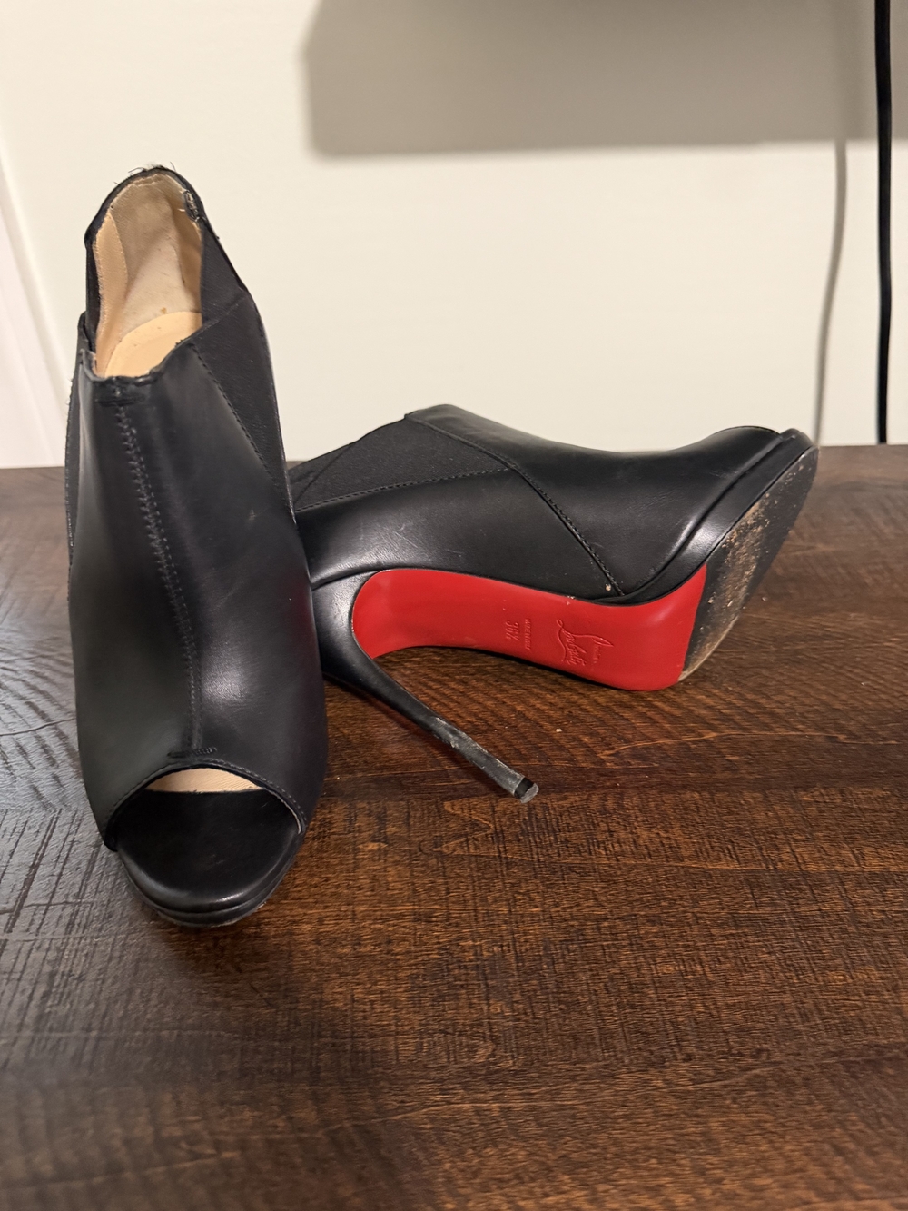 Christian Louboutin Black Leather Peep-Toe Ankle Booties with Red Sole
